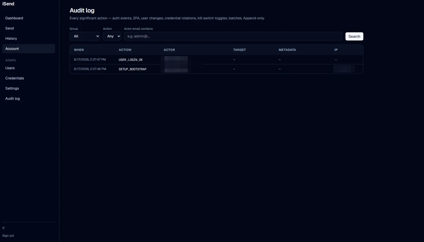 Audit log — append-only, from first bootstrap onward