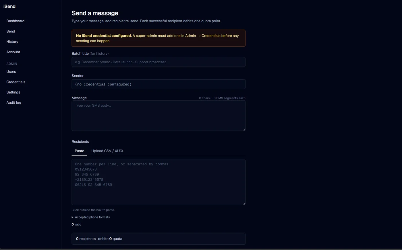 Send — free-form recipients parsed, validated, and counted before anything leaves