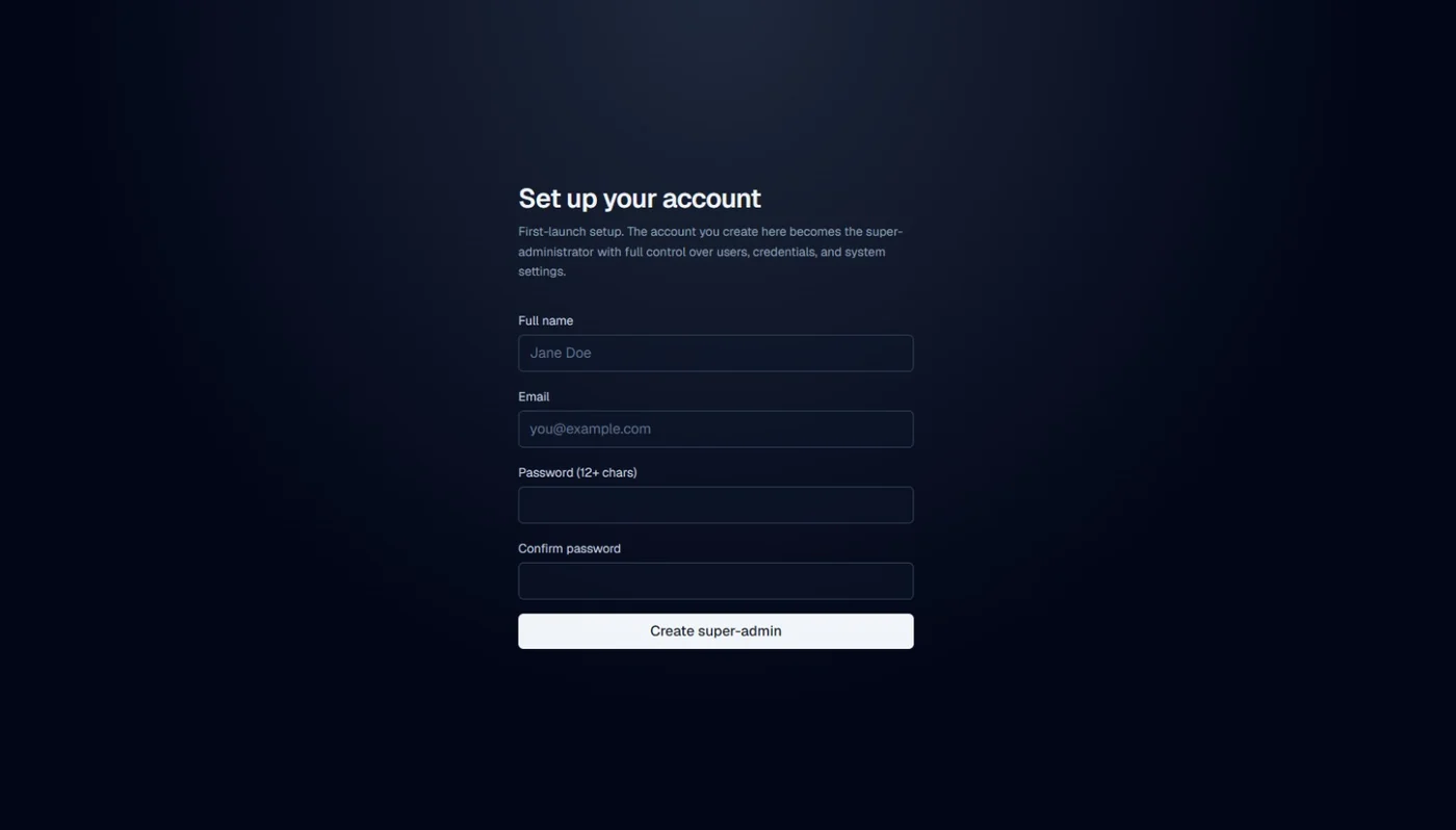 First run — the setup flow that bootstraps the super-admin
